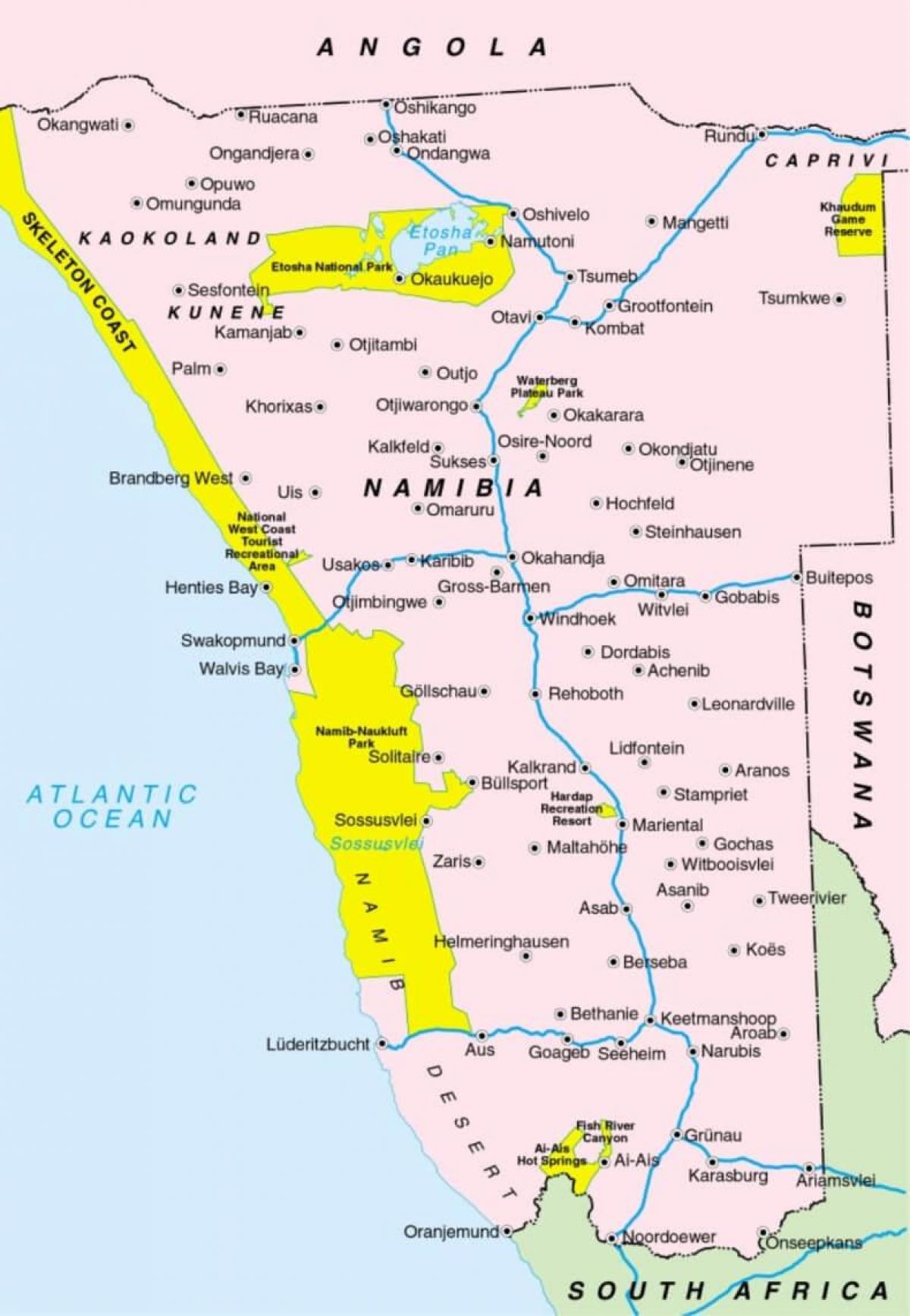 Peta dari Namibia menunjukkan kota-kota